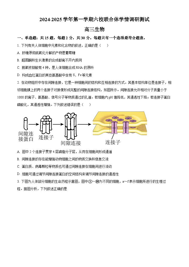 江苏省南京市2024-2025学年高三上学期六校联合体学情调研测试生物试题（原卷版）第1页
