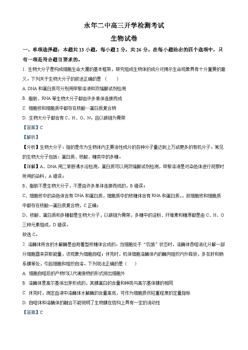河北省邯郸市永年区第二中学2024-2025学年高三上学期开学检测生物试卷（解析版）第1页