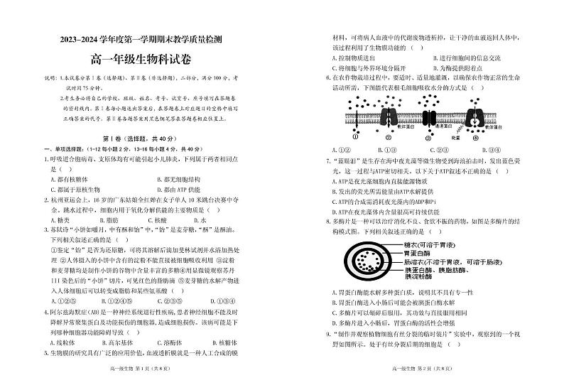 广东省潮州市潮安区2023-2024学年高一上学期期末考试生物试题01