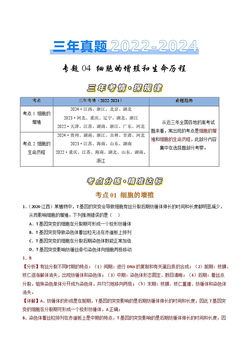 三年（2022-2024）高考生物真题分类汇编（全国通用）专题04 细胞的增殖和生命历程（解析版）01