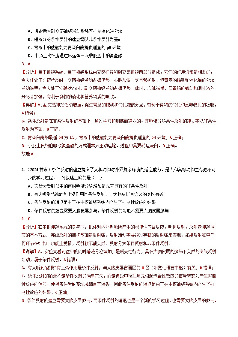 三年（2022-2024）高考生物真题分类汇编（全国通用）专题10 神经调节（解析版）03