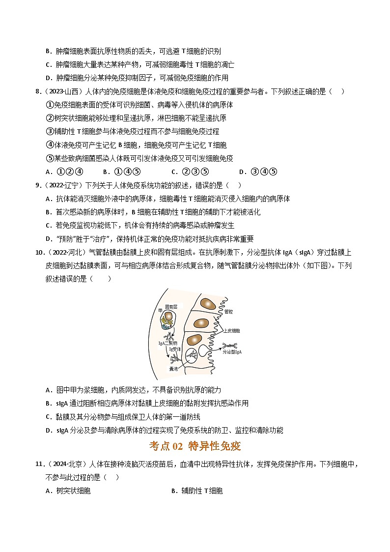 三年（2022-2024）高考生物真题分类汇编（全国通用）专题12 免疫调节（原卷版）03