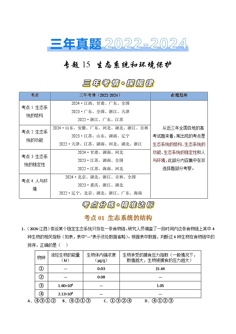 三年（2022-2024）高考生物真题分类汇编（全国通用）专题15 生态系统和环境保护（原卷版）01