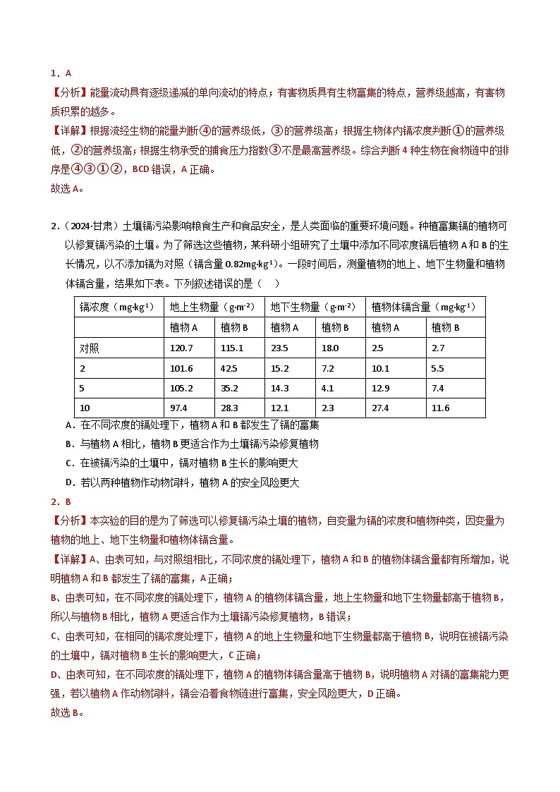 三年（2022-2024）高考生物真题分类汇编（全国通用）专题15 生态系统和环境保护（解析版）02