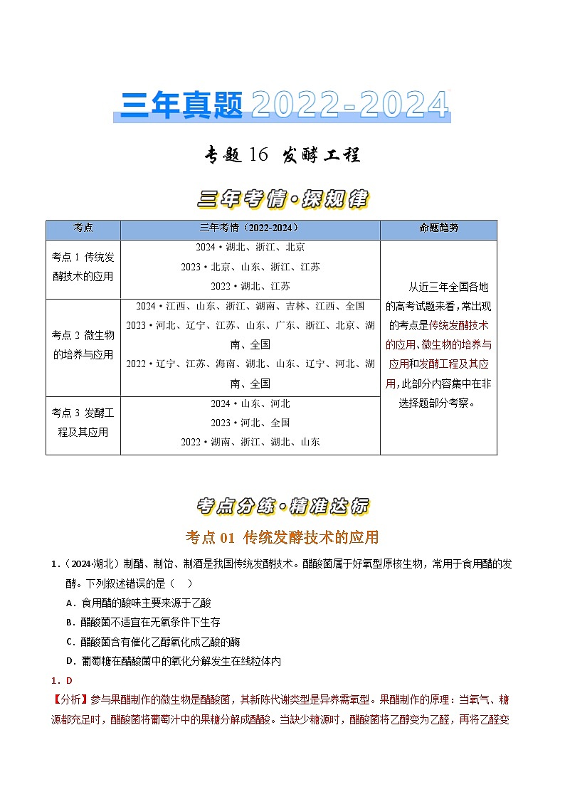 三年（2022-2024）高考生物真题分类汇编（全国通用）专题16 发酵工程（解析版）01