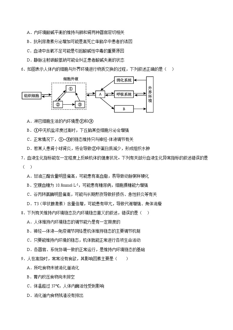 浙教版2019高二生物选择性必修1  1.2内环境的稳态保障正常的生命活动 分层练习02