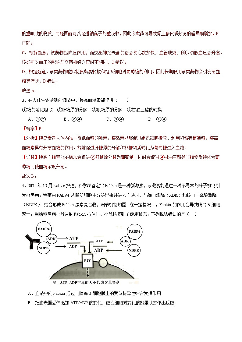 浙教版2019高二生物选择性必修1  3.3激素调节身体多种机能 分层练习02