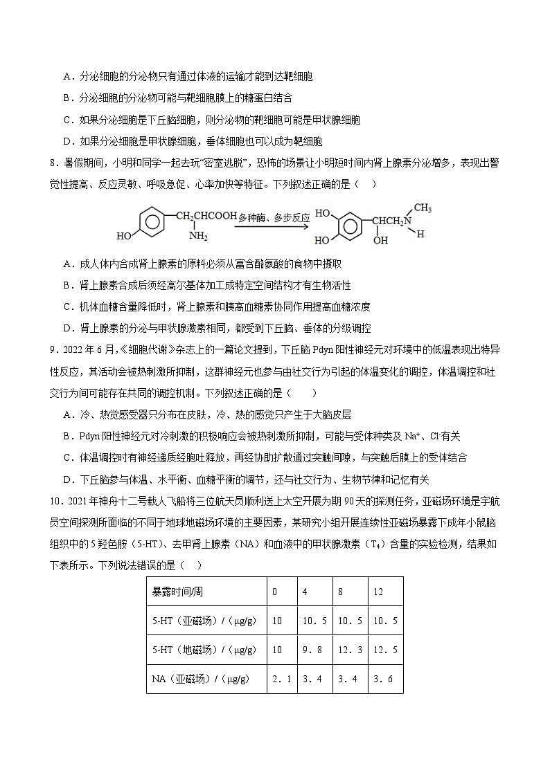 浙教版2019高二生物选择性必修1  3.4体液调节与神经调节共同维持机体的稳态 分层练习03