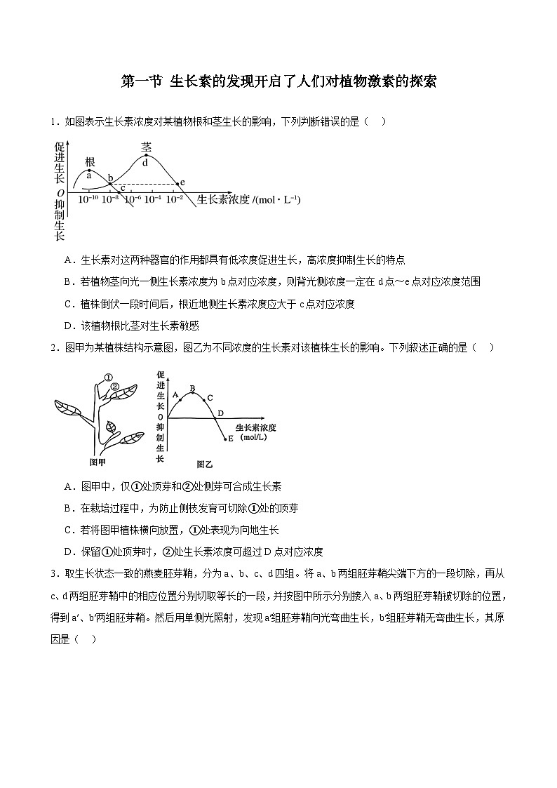 浙教版2019高二生物选择性必修1  5.1 生长素的发现开启了人们对植物激素的探索（原卷版）第1页