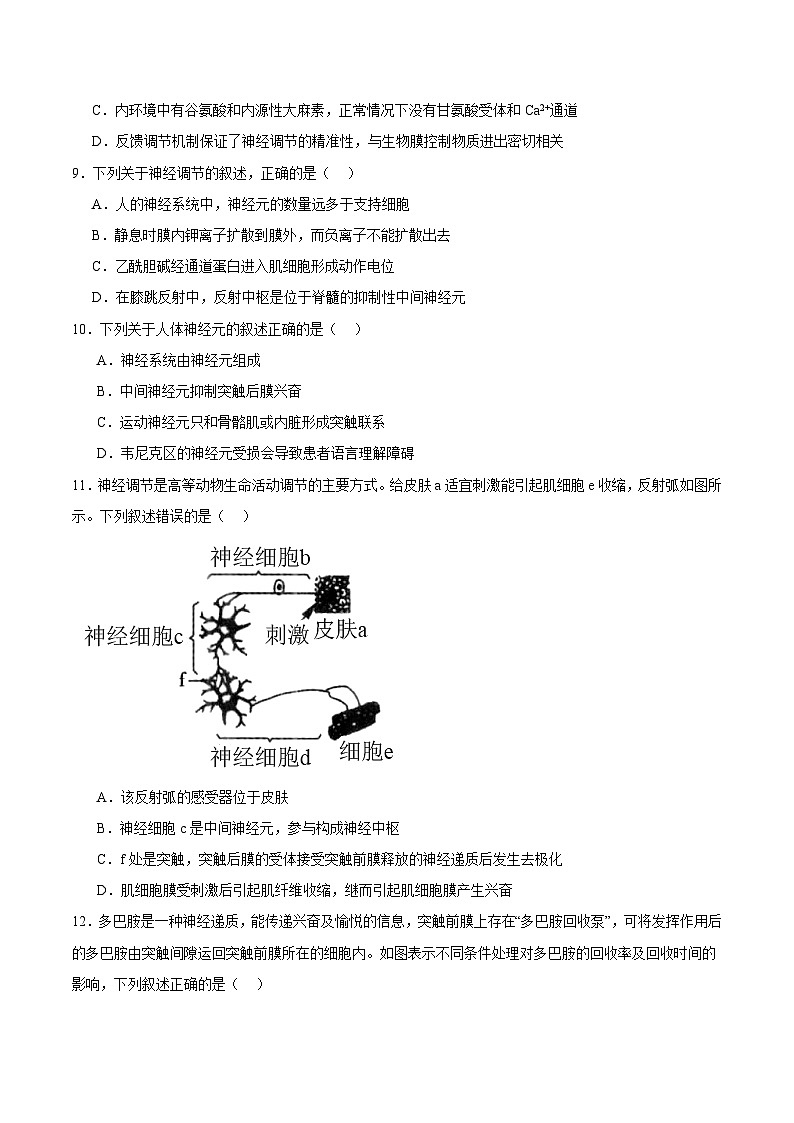 浙教版2019高二生物选择性必修1  第二章神经调节 章末检测03