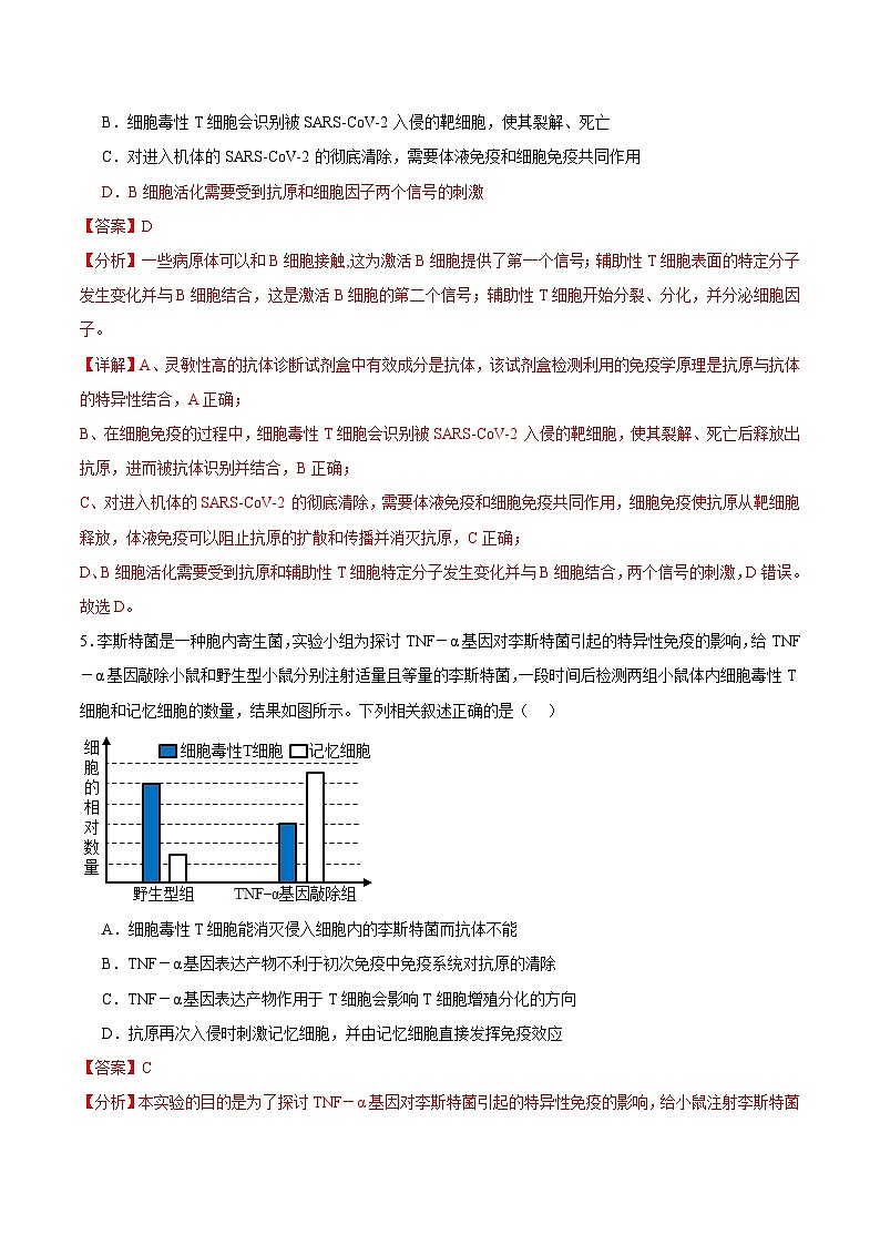 浙教版2019高二生物选择性必修1  4.3人体通过特异性免疫对抗病原体 分层练习03