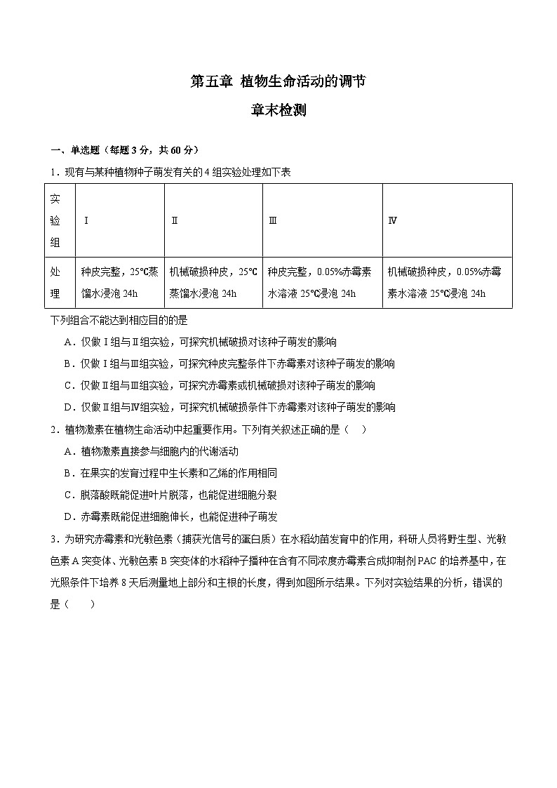 浙教版2019高二生物选择性必修1  第五章 植物生命活动的调节（章末检测）（原卷版）第1页