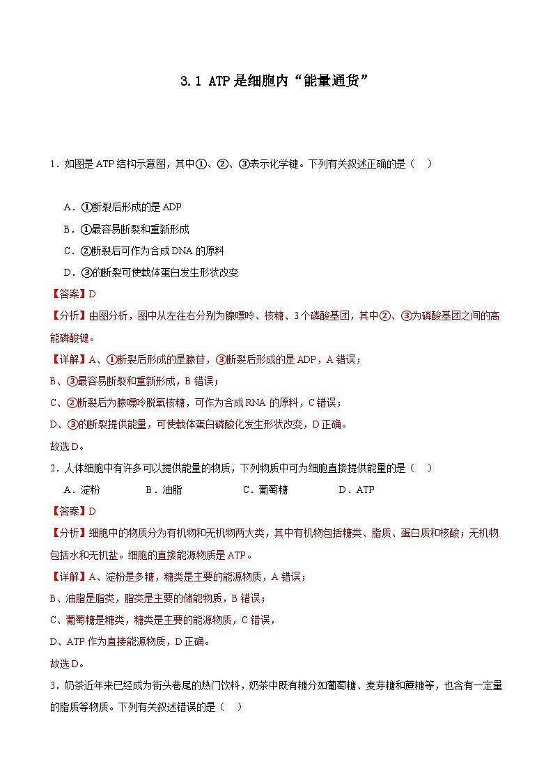 浙科版2019高一生物必修一 3.1ATP是细胞内的“能量通货” 分层练习01