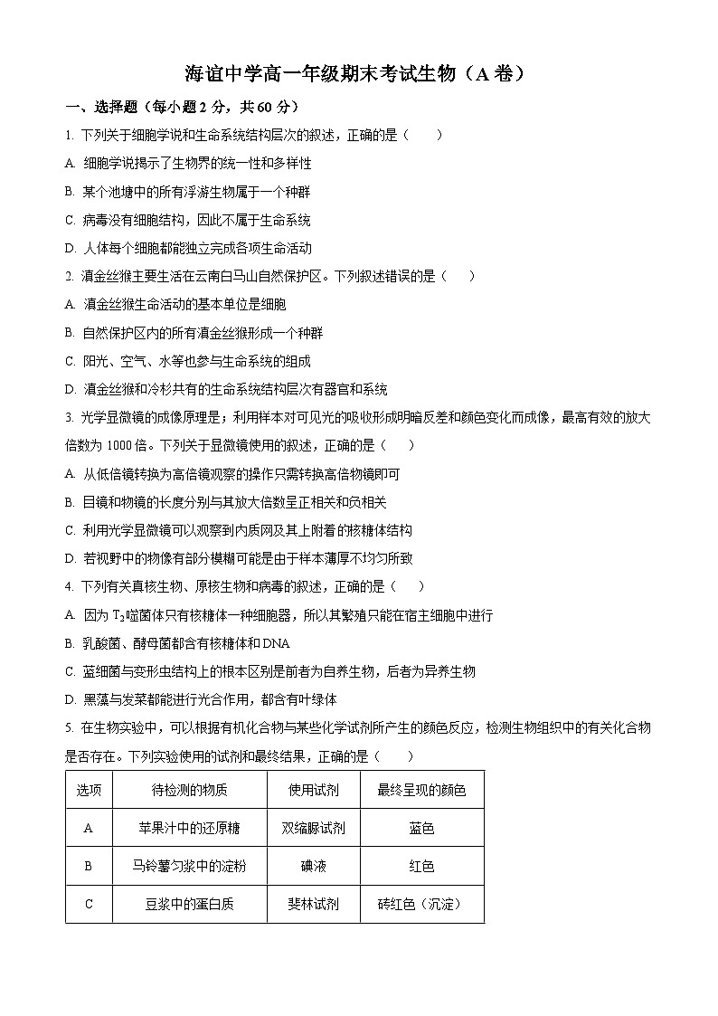 湖南省邵阳市海谊中学2023-2024学年高一上学期期末考试生物试题（A卷）（原卷版）第1页