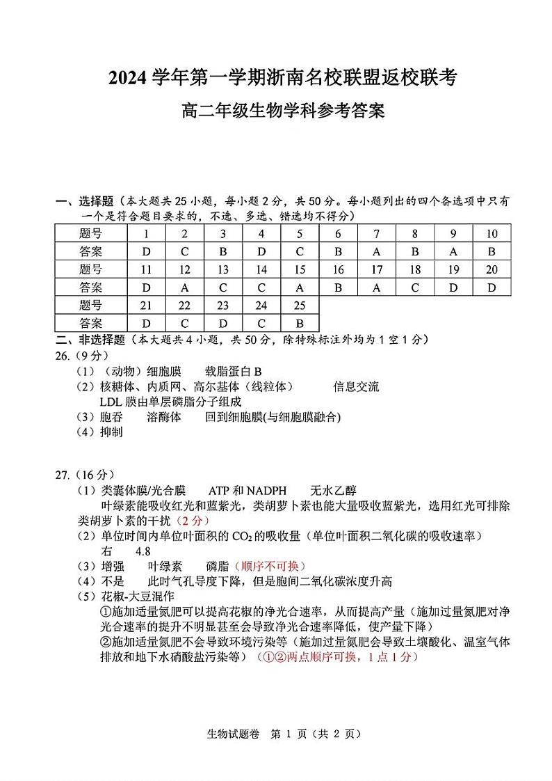 高二年级生物学科参考答案第1页