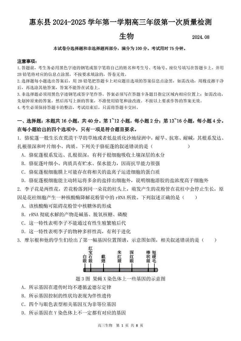 2025届广东省惠州市惠东县高考模拟预测生物试题第1页