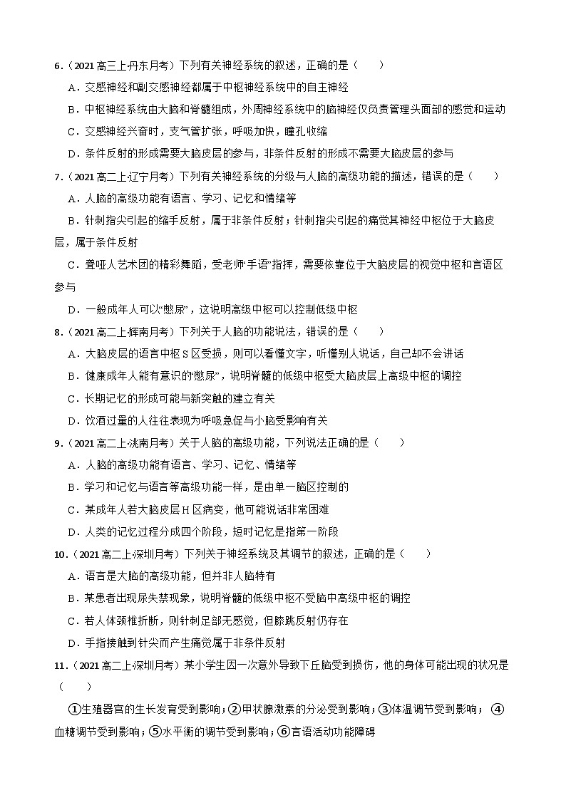 高中生物学北师大版2019选择性必修一同步练习2.6.2 人的语言活动02