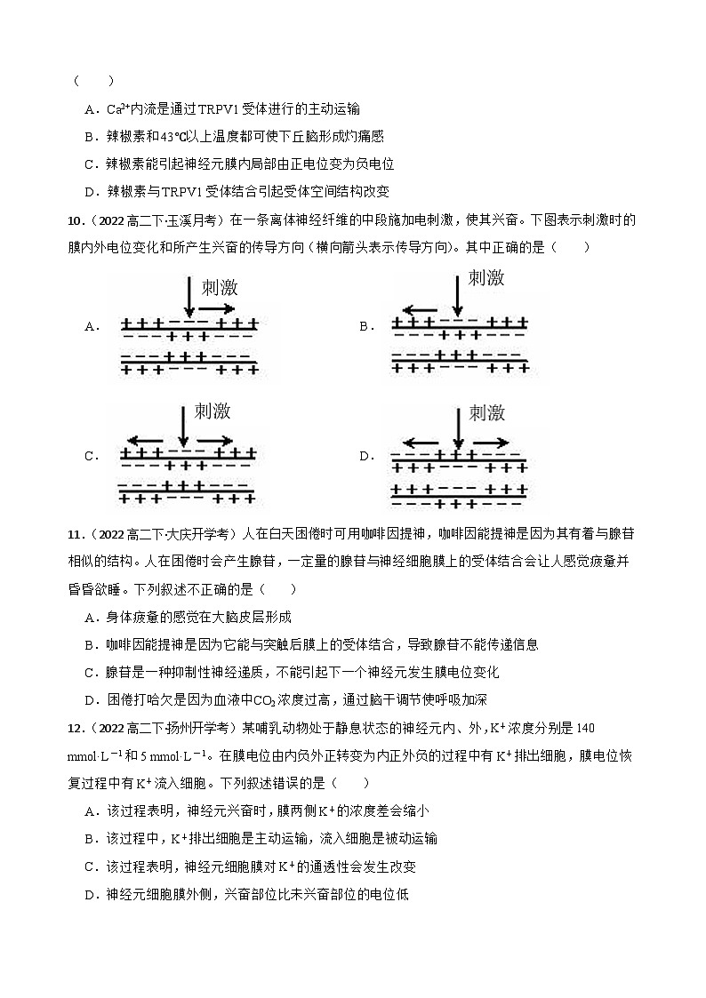 高中生物学北师大版2019选择性必修一第二章 机体稳态的神经调节 单元测试03