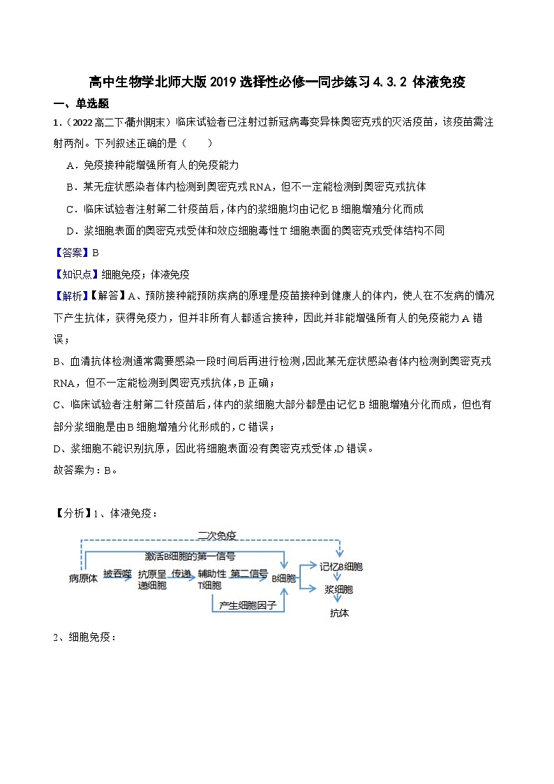 高中生物学北师大版2019选择性必修一同步练习4.3.2 体液免疫01