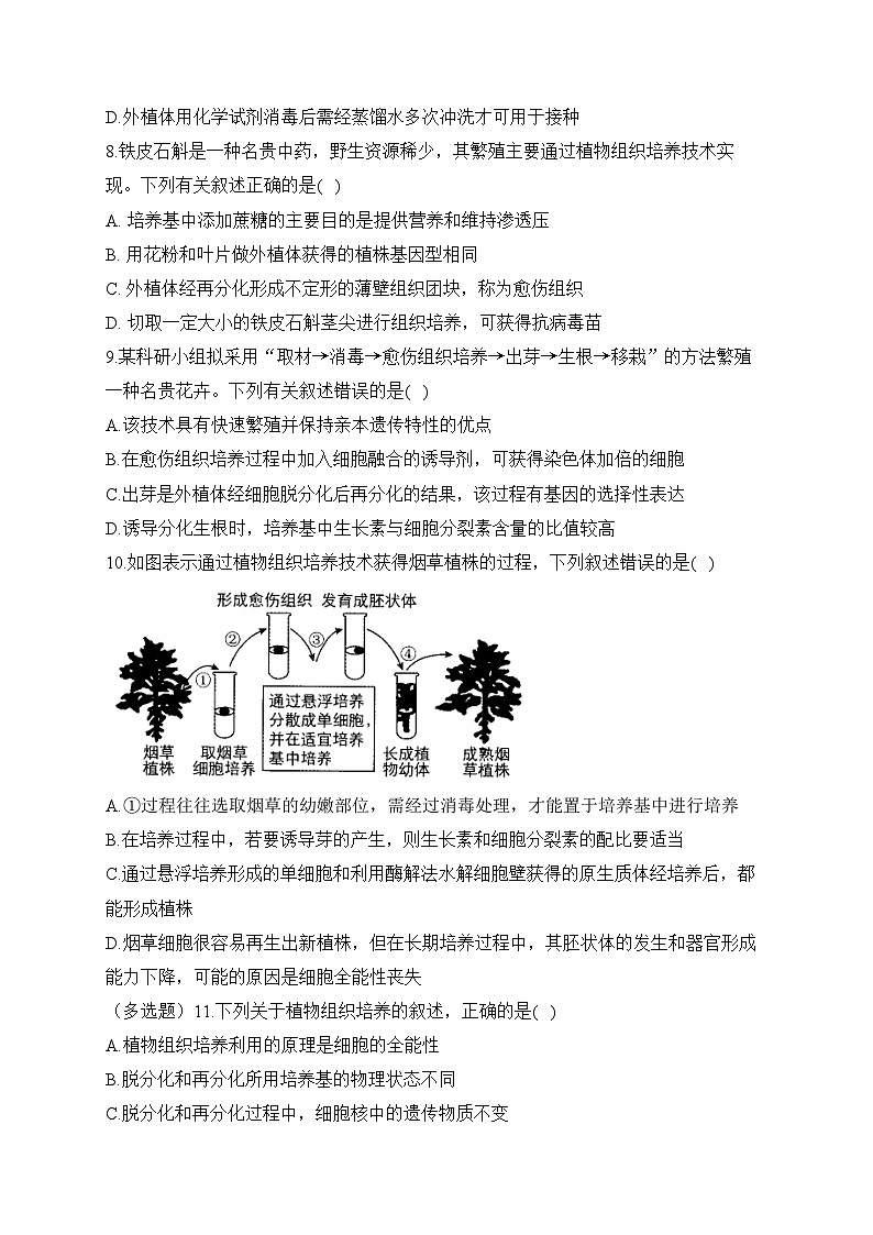 2.1植物细胞工程——2022-2023学年高二生物学北师大版（2019）选择性必修三同步课时训练（有解析）02