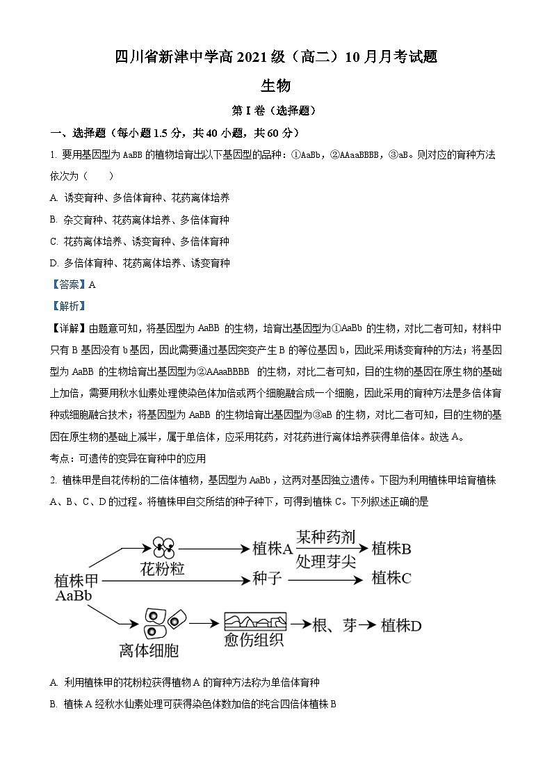 四川省成都市新津中学2022-2023学年高二上学期10月月考生物试题（Word版附解析）01