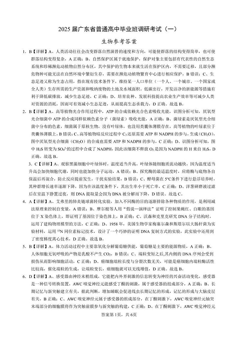 广东省2025届高三生物一调模拟卷（答案）第1页