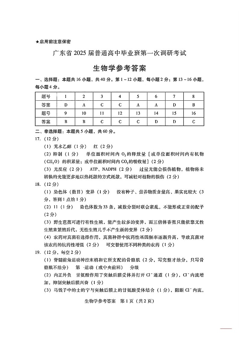 广东省2024-2025学年高三上学期毕业班第一次调研考试生物01