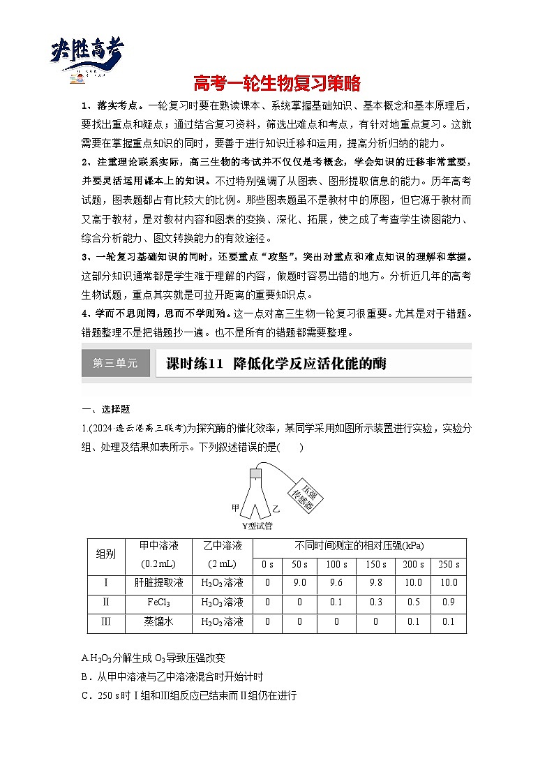 第三单元　课时练11  降低化学反应活化能的酶-2025年高考生物大一轮复习（课件+讲义+练习）专练第1页