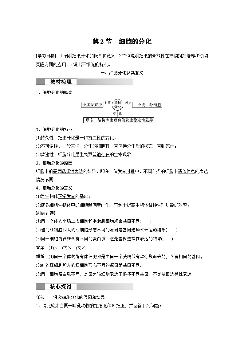2024高中生物必修第一册（人教版2019）同步讲义第6章第2节细胞的分化（Word版附解析）01