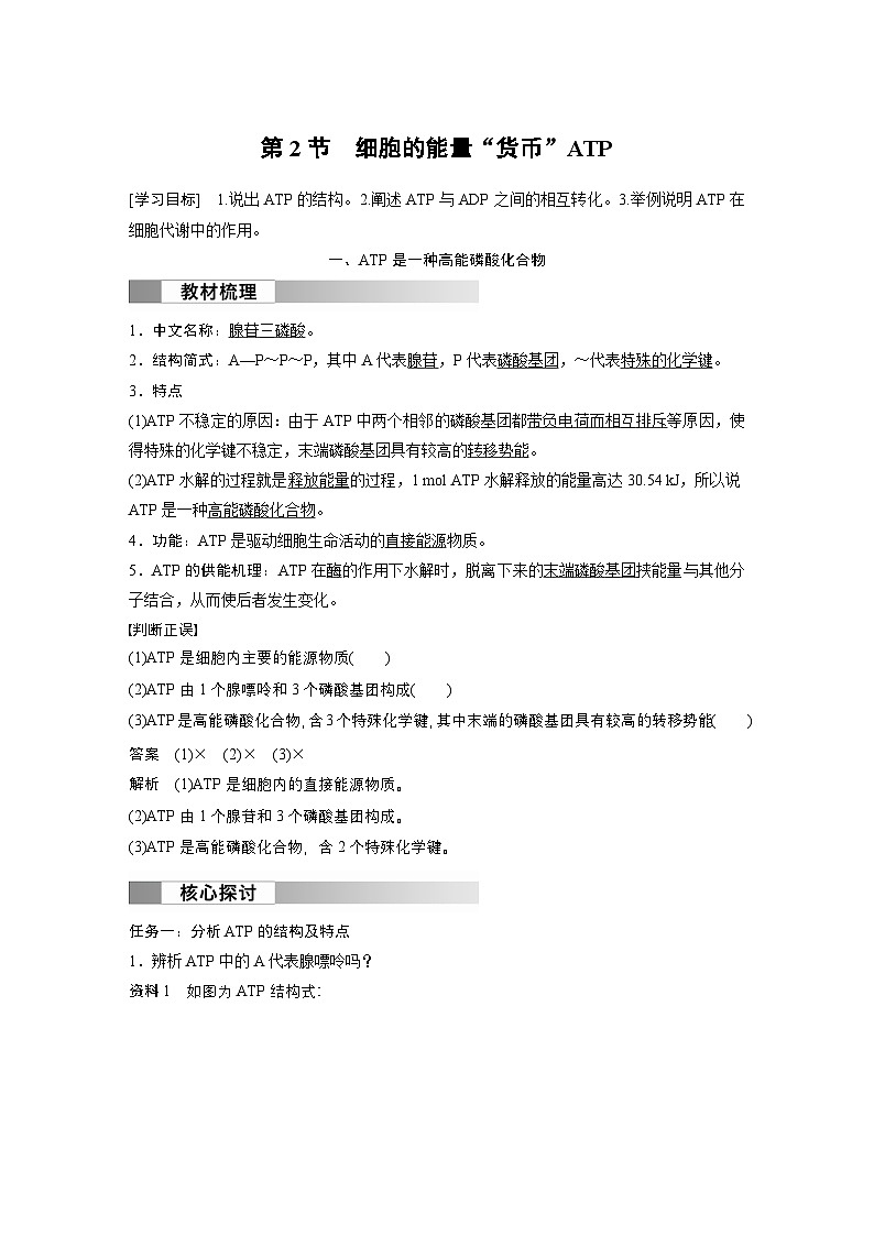 2024高中生物必修第一册（人教版2019）同步讲义第5章第2节细胞的能量“货币”ATP（Word版附解析）01