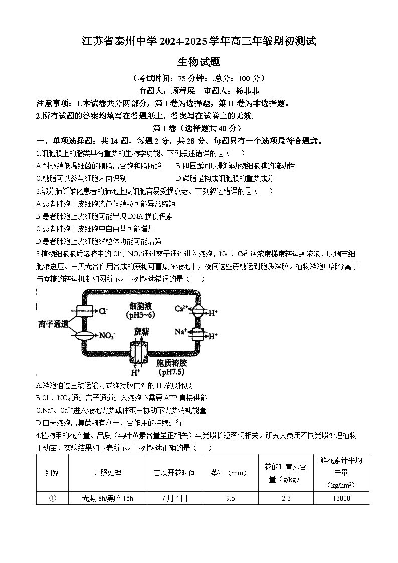 江苏省泰州中学2024-2025学年高三上学期开学考试生物试题（Word版附答案）01