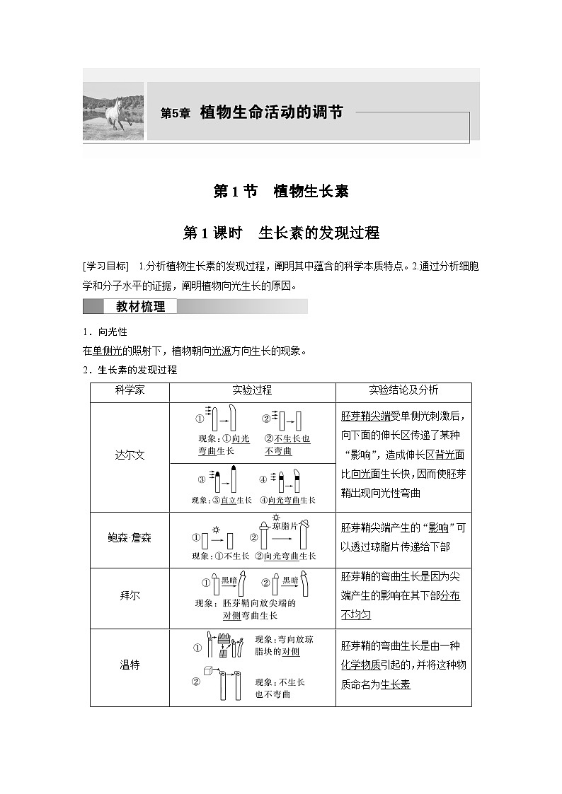 2024高中生物选择性必修第一册（人教版2019）同步讲义第5章第1节第1课时生长素的发现过程（Word版附解析）01