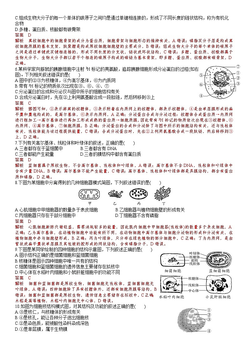 苏教版2019高一生物必修一第二章 细胞的结构和生命活动（单元测试）02