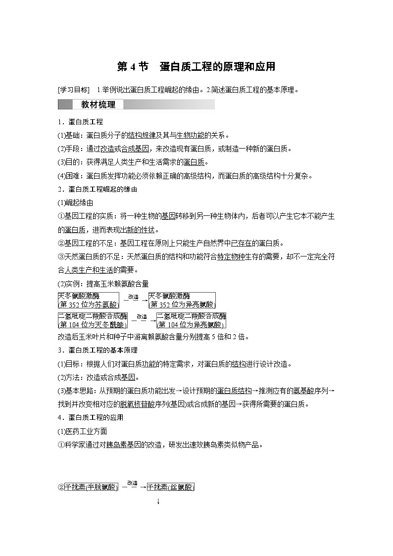2024高中生物选择性必修第三册（人教版2019）同步讲义第3章第4节蛋白质工程的原理和应用（Word版附解析）01