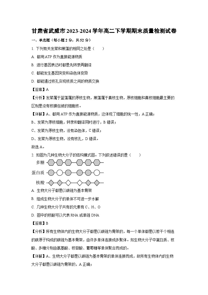 [生物][期末]甘肃省武威市2023-2024学年高二下学期期末质量检测试卷(解析版)01