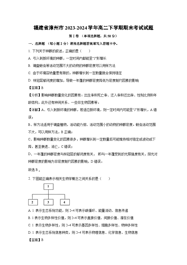 [生物][期末]福建省漳州市2023-2024学年高二下学期期末考试试题(解析版)01