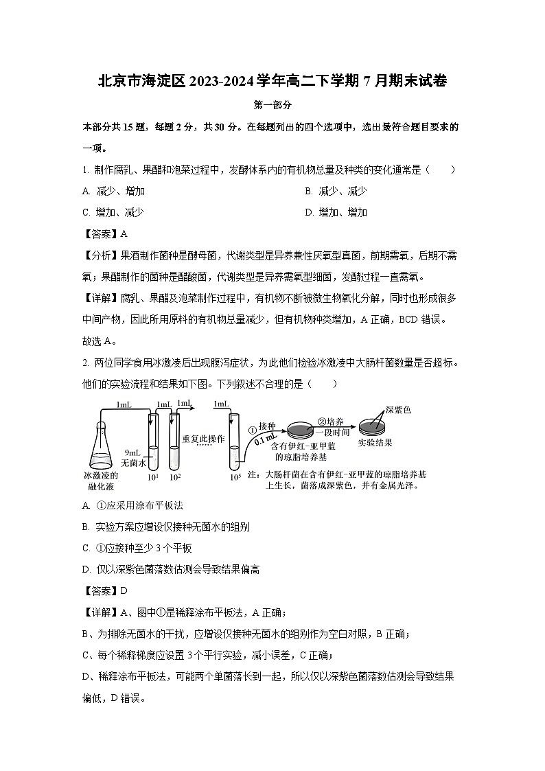 [生物][期末]北京市海淀区2023-2024学年高二下学期7月期末试卷(解析版)01