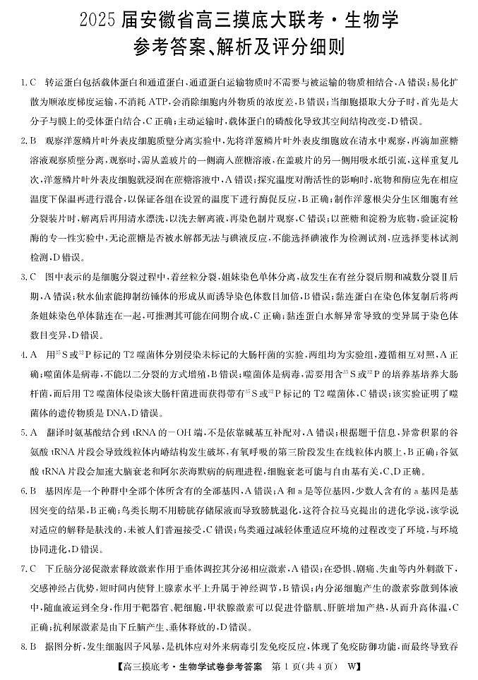 安徽省亳州市2024-2025学年高三上学期开学考试生物试卷（Word版附答案）01