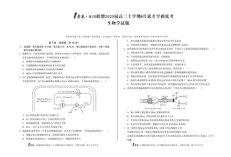 【8开】1号卷·A10联盟2025届高三上学期8月底开学摸底考生物学第1页