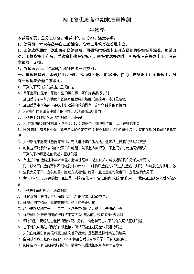 河北省邯郸市魏县2024-2025学年高三上学期开学生物试题01