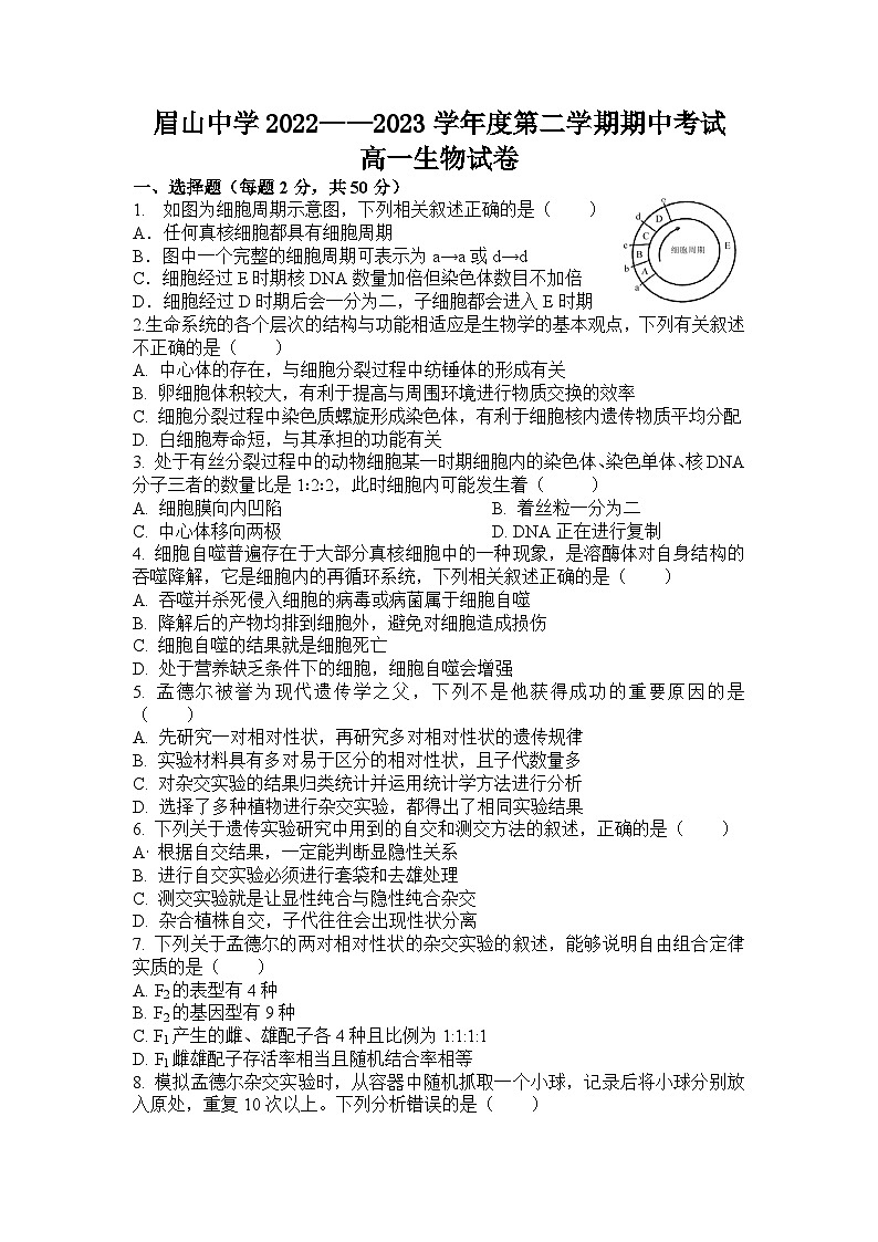 四川省眉山中学2022-2023学年高一下学期期中考试生物试题01