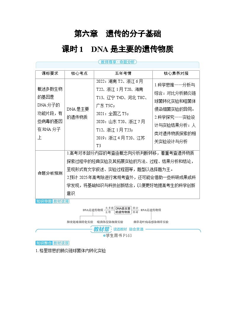 2025年高考生物精品教案第六章遗传的分子基础课时1DNA是主要的遗传物质第1页