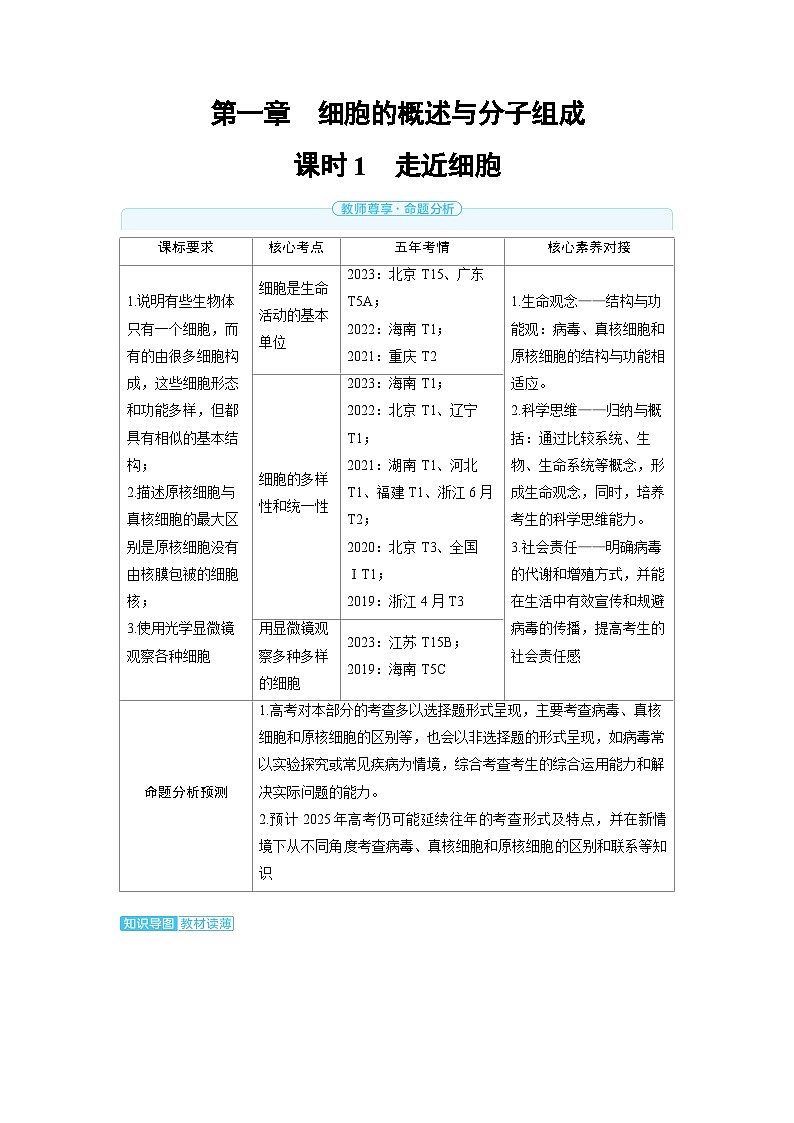 2025年高考生物精品教案第一章细胞的概述与分子组成课时1走近细胞第1页