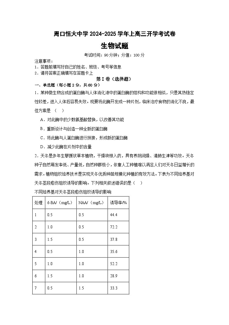 河南省周口市川汇区周口恒大中学2024-2025学年高三上学期开学考试生物试题01