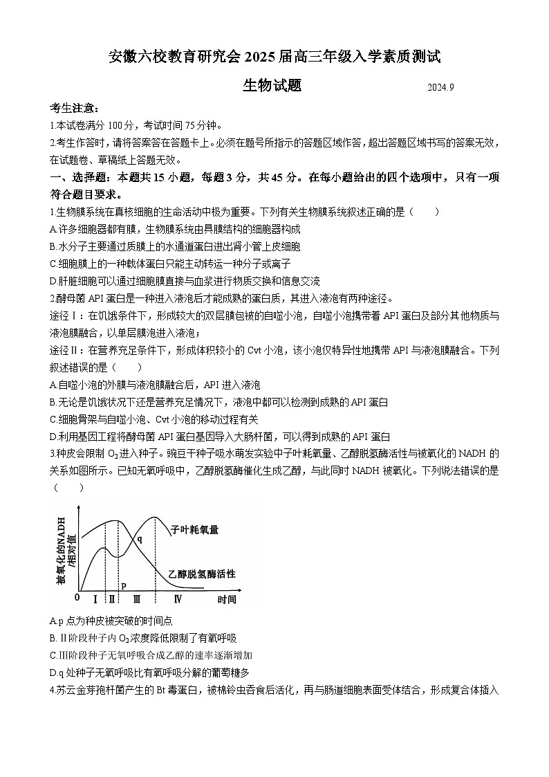 安徽省六校教育研究会2024-2025学年高三上学期9月入学素质测试生物试题01
