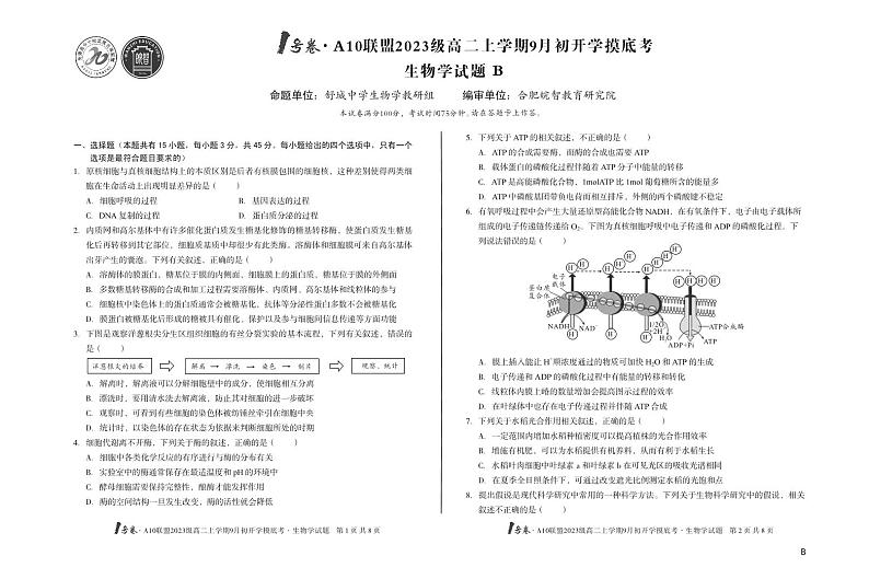 （B卷）1号卷·A10联盟2023级高二上学期9月初开学摸底考生物学B01