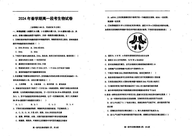 广西梧州市苍梧中学2023-2024学年高一下学期4月期中考试生物试题第1页