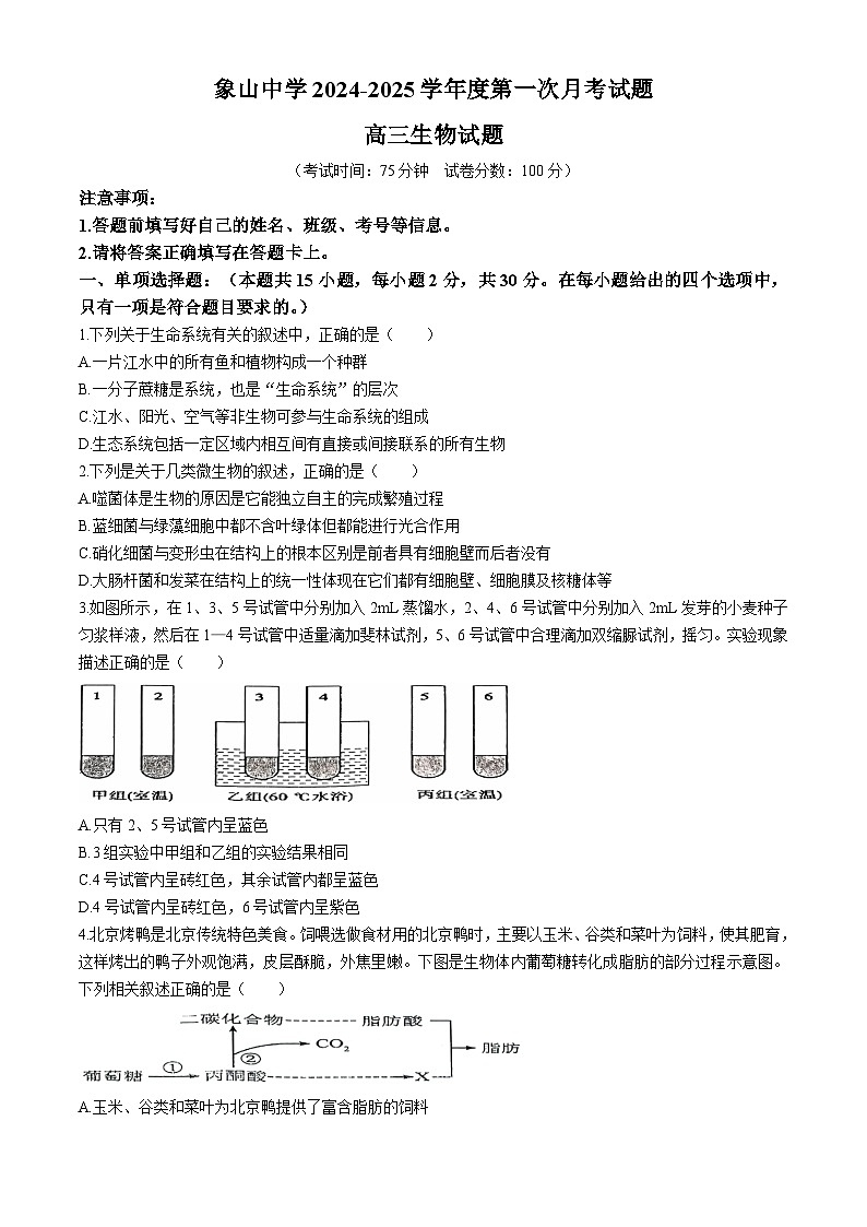 陕西省韩城市象山中学2024-2025学年高三上学期第一次月考生物试题(无答案)01
