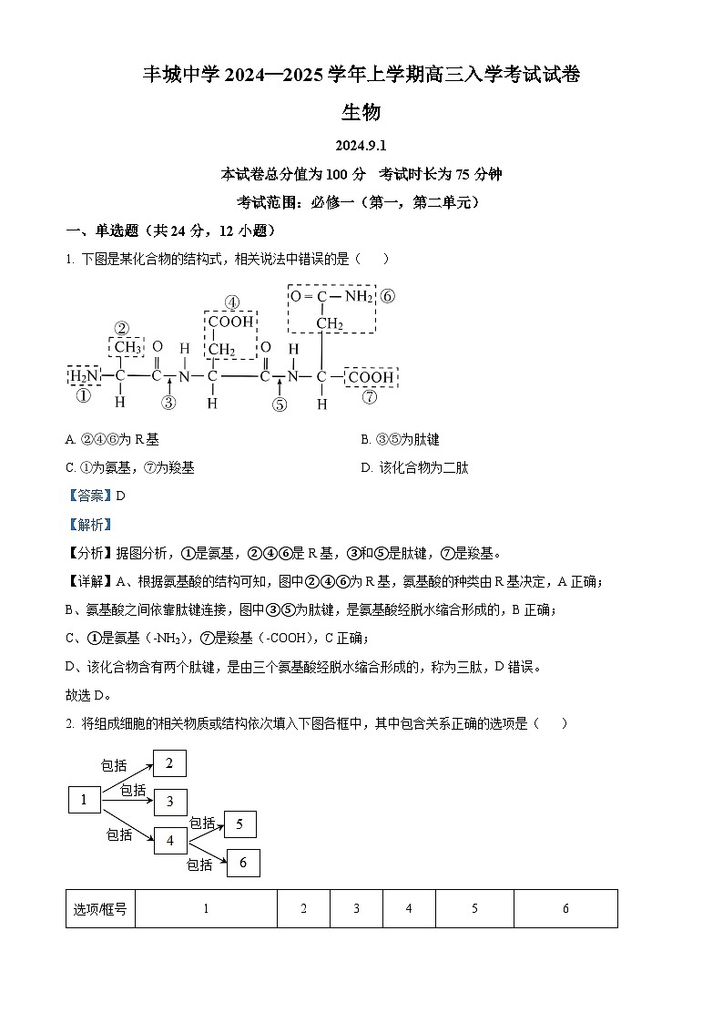江西省宜春市丰城市江西省丰城中学2024-2025学年高二上学期开学生物试题（原卷版+解析版）01