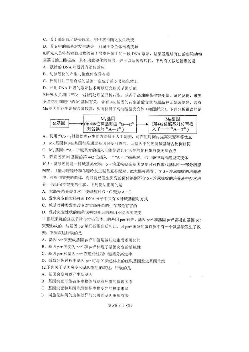安徽省马鞍山市第二中学2022-2023学年高二上学期10月份素质测试生物试题02